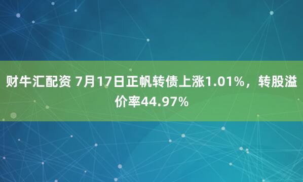 财牛汇配资 7月17日正帆转债上涨1.01%，转股溢价率44.97%
